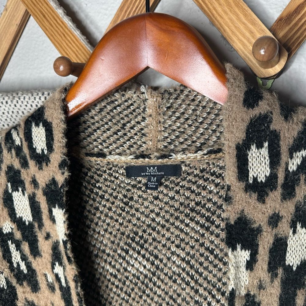 Leopard Open Front Fuzzy Cardigan Sweater M - image 5
